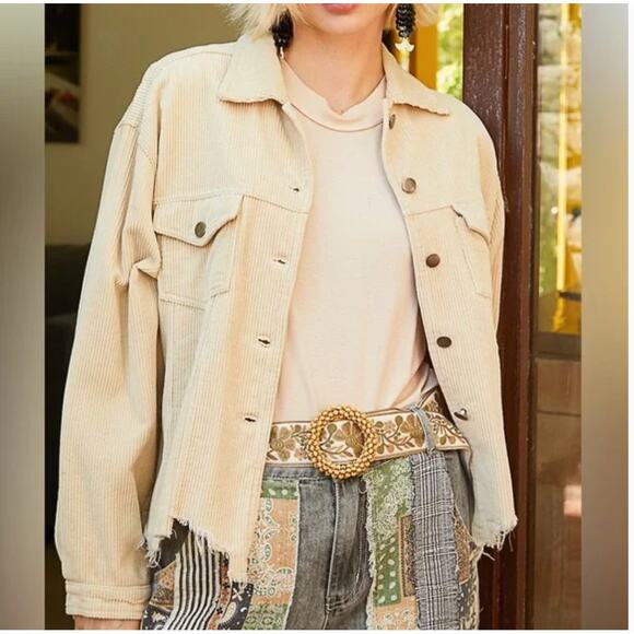 POL Cropped Distressed Raw Hem Corduroy Trucker Jacket Oversized Tan Women Large - Picture 1 of 11